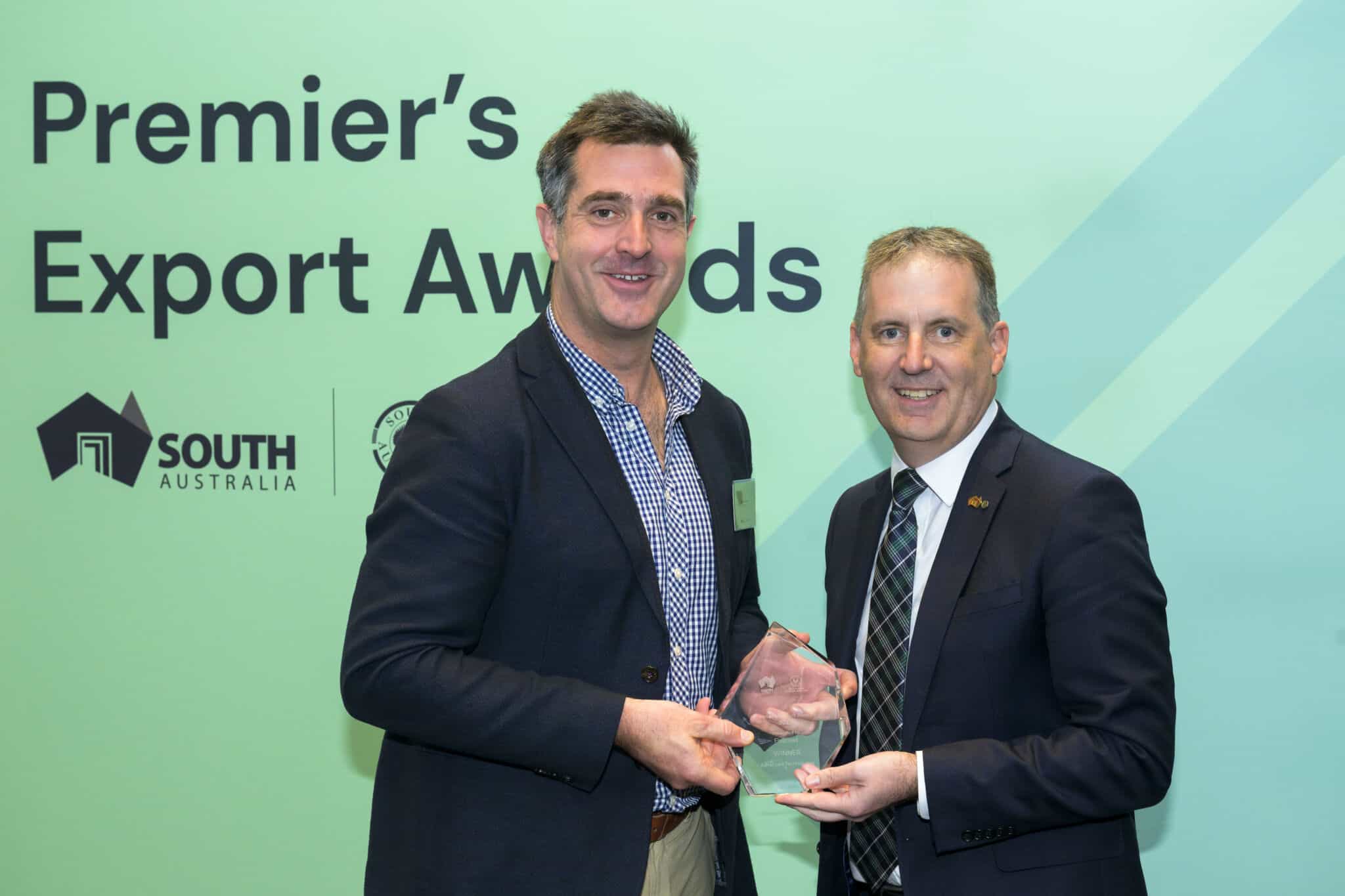 Dr. Brenton Cooper received the Premier's Export Award from David Reynolds - CEO of the Department for Trade and Investment at The Government of South Australia